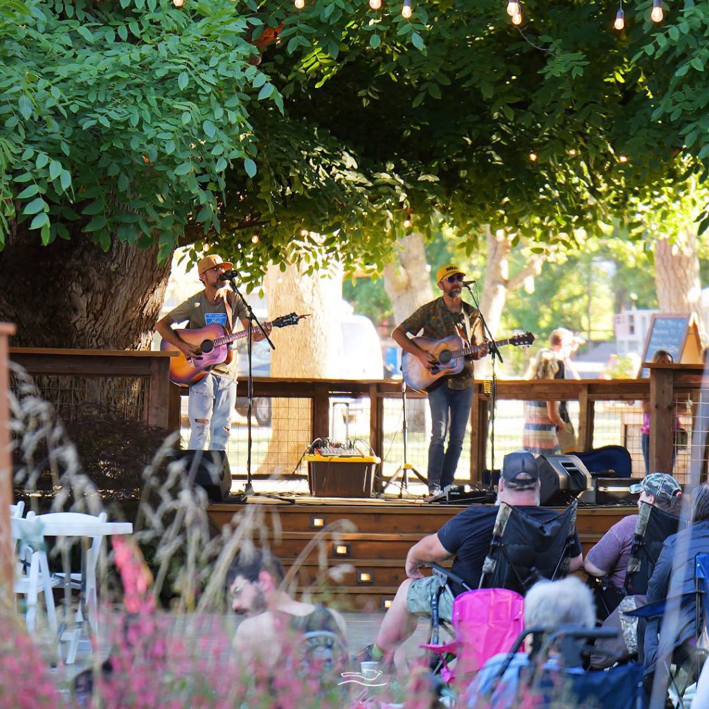 A band plays as people sit on lawn chairs.